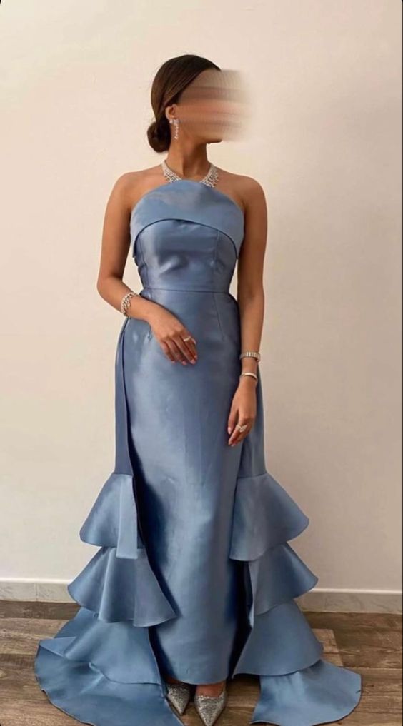 Blue fashion elegant tube top off shoulder trail irregular ruffle fishtail long ball gown evening dress party dress nv2543