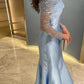 Blue Simple Fashion Elegant Shiny Mermaid Off-the-shoulder Long Sleeves Long Prom Dress Party Dress Evening Gown Sleeves with Sequins nv2556