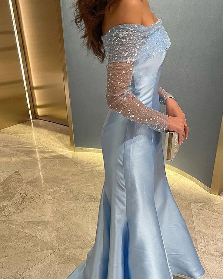 Blue Simple Fashion Elegant Shiny Mermaid Off-the-shoulder Long Sleeves Long Prom Dress Party Dress Evening Gown Sleeves with Sequins nv2556