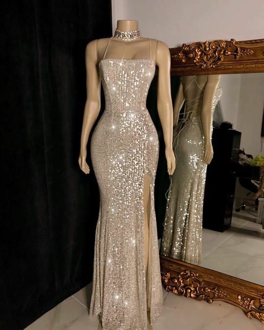 Champagne Shiny Sequins Simple Elegant Spaghetti Strap Long Ball Gown Evening Dress Party Dress nv2482