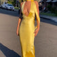 Yellow Satin Lace-up Halter V-neck Bodycon Evening Gown Prom Dress Party Dress nv1934