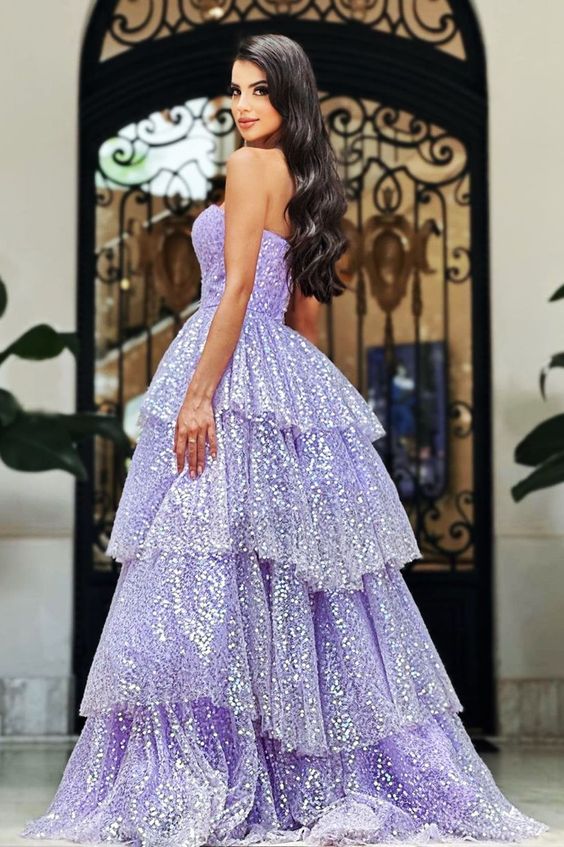 Light Purple Sparkling Tulle Sequin A-Line Long Tiered Ball Gown Evening Dress fall bridal shower outfit for guest nv2651