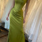 New Arrival Olive Green V-Neck Sleeveless Mermaid Prom Dress Pleats With Split nv1621