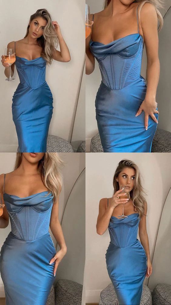 Blue simple elegant satin pleated midi short mini prom dress evening dress birthday party dress homecoming dress nv1920