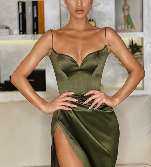 Green/Black new style fashion spaghetti straps long slit sexy satin prom dress evening dress formal dress nv85