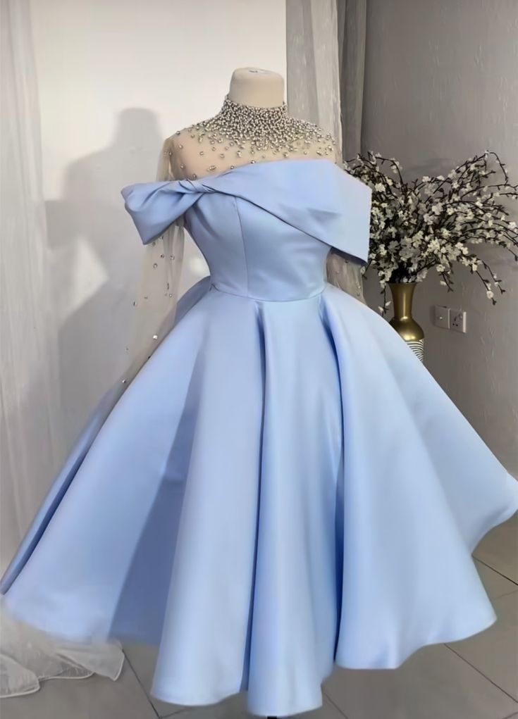 Robe de soirée courte en satin bleu clair/bleu, robe de bal, robe de soirée, nv2945