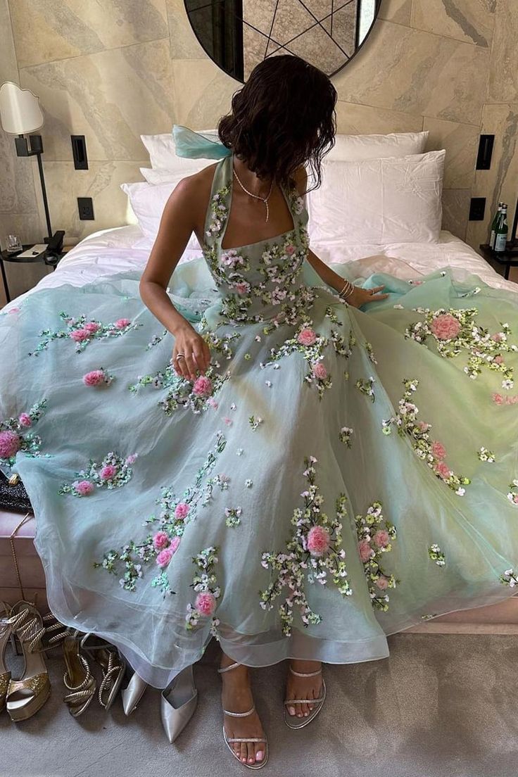 Wunderschönes, exquisites A-Linien-Abendkleid aus Tüll mit Blumenstickerei-Applikation in Grün, Abendkleid, Partykleid, nv3439