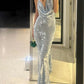 Silver Shiny Sequins Fashion Elegant V-neck Long Slim Fit Ball Gown Evening Dress Party Dress nv3108