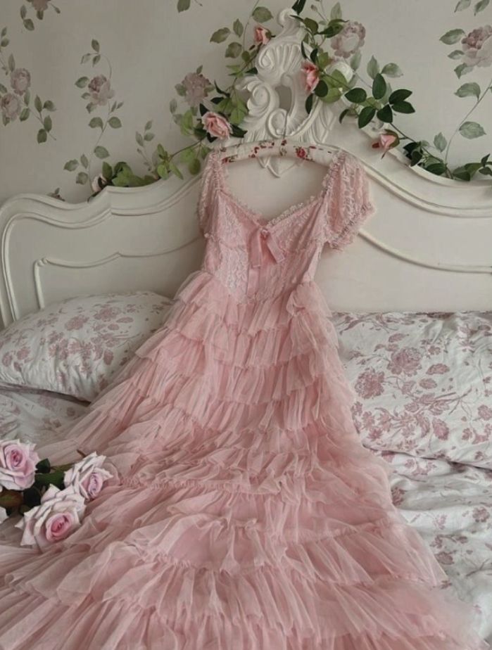 Rosa süßes und elegantes A-Linien-Kleid mit mehreren Lagen, Rüschen, langem Tüll-Prinzessinnenkleid, Ballkleid, Abschlusskleid, NV3283