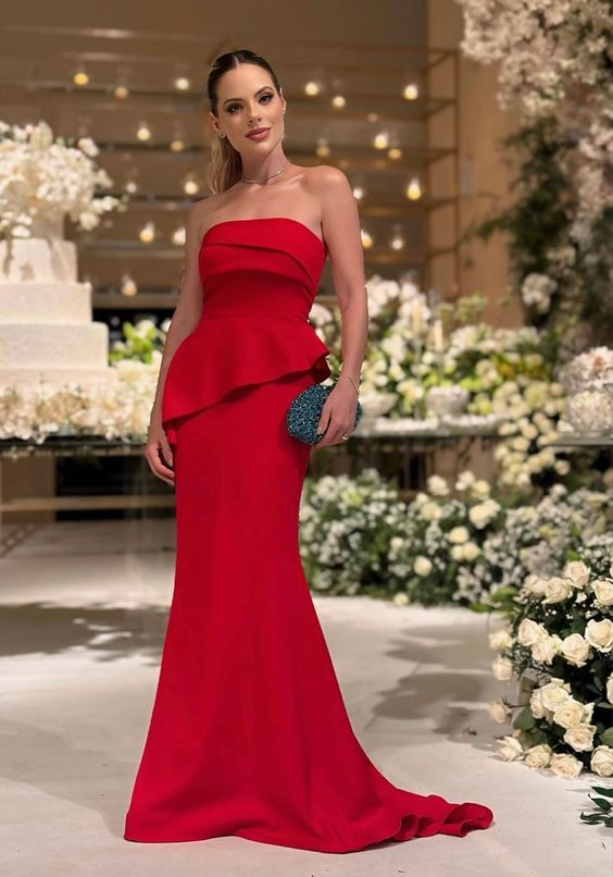 Red elegant fashion tube top off shoulder ruffles decoration long ball gown evening dress party dress nv2463