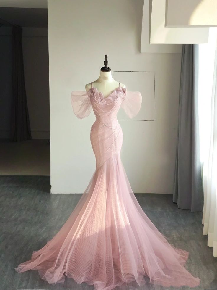 Robe de soirée longue en tulle rose à bretelles spaghetti et manches courtes, élégante, style sirène, robe de bal, robe de soirée nv3253