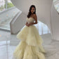 Yellow stylish elegant spaghetti strap long tulle ball gown evening dress nv3107