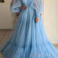 Blue stylish elegant long tulle puff sleeves ball gown evening dress nv3216