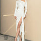 White solid color simple elegant off-shoulder long slit evening dress prom dress party dress nv2364