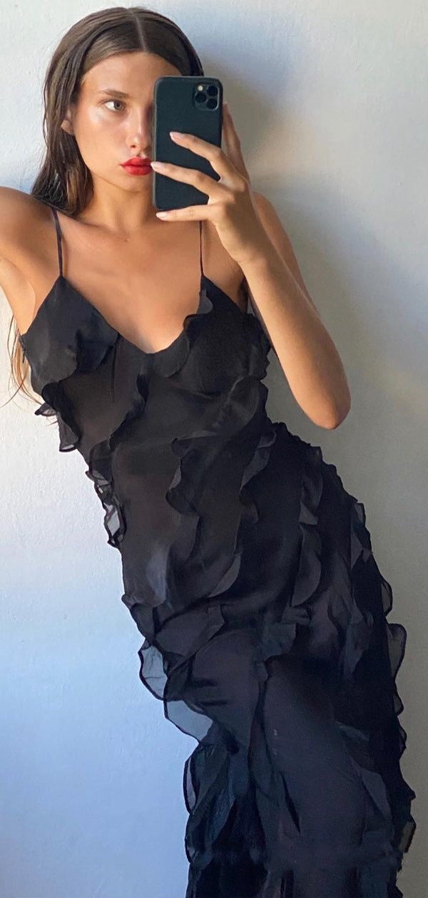 Black spaghetti strap ruffled mermaid long party dress wedding guest dress prom dress evening dress nv1952