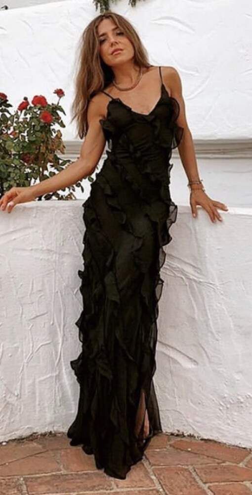 Black spaghetti strap ruffled mermaid long party dress wedding guest dress prom dress evening dress nv1952