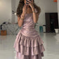 Pink A-line Off-shoulder Satin Short Homecoming Dress Birthday Dress Party Dress nv2402