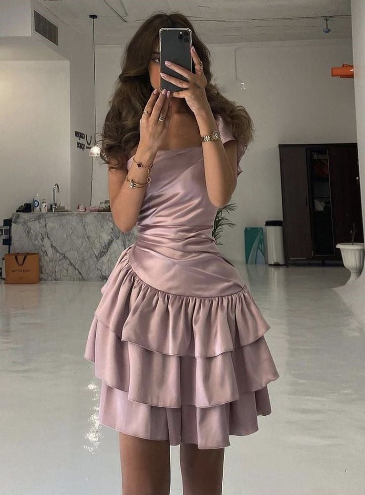 Pink A-line Off-shoulder Satin Short Homecoming Dress Birthday Dress Party Dress nv2402