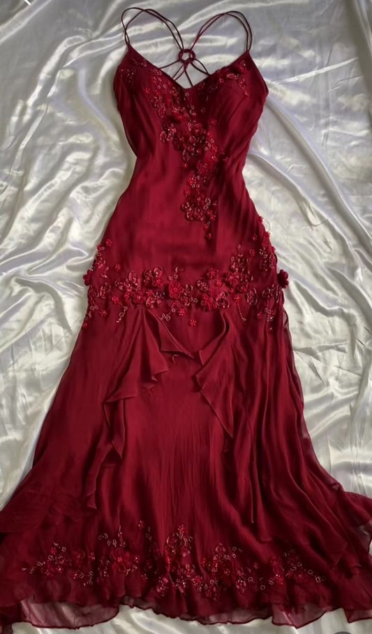 Burgundy Retro Elegant Exquisite Beaded Spaghetti Strap Chiffon Long Mermaid Ball Gown Evening Dress Party Dress nv3592