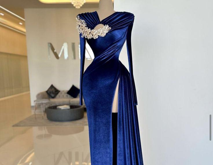 Blue rhinestones decoration fashion elegant long sleeves long velvet ball gown evening dress party dress nv3067