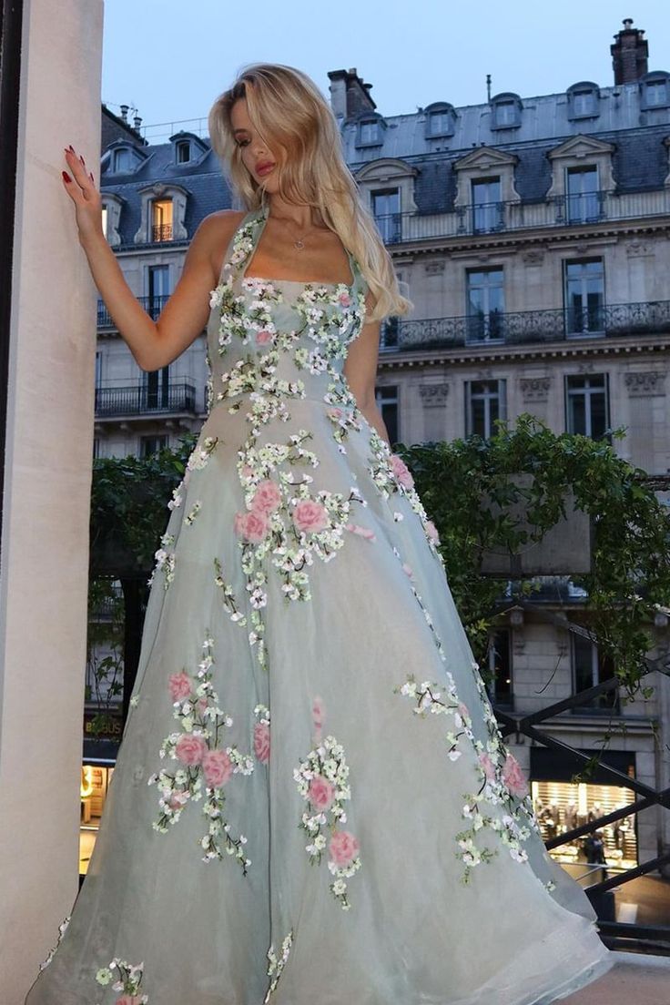 Wunderschönes, exquisites A-Linien-Abendkleid aus Tüll mit Blumenstickerei-Applikation in Grün, Abendkleid, Partykleid, nv3439