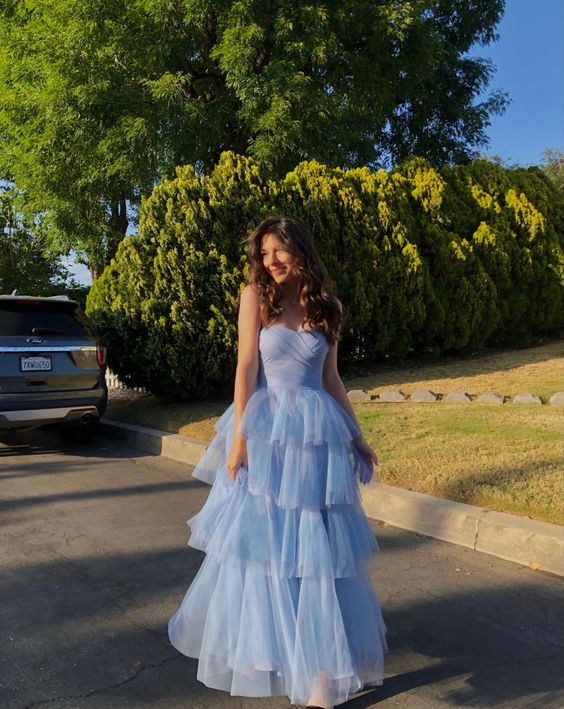 Blue Sweetheart Elegant A-line Off-shoulder Sleeveless Ruffled Tiered Long Formal Prom Dress Evening Dress Party Dress Graduation Dress nv2490