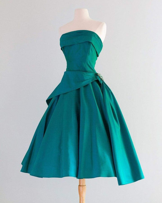 Green retro tube top short satin ball gown evening dress birthday holiday party dress nv3109