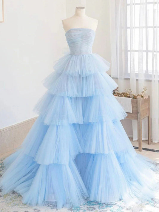 Blue tulle long ball gown evening gown graduation gown evening dress nv1862