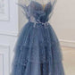 Robe de soirée longue en tulle bleu magnifique et brillante avec appliques élégantes nv55