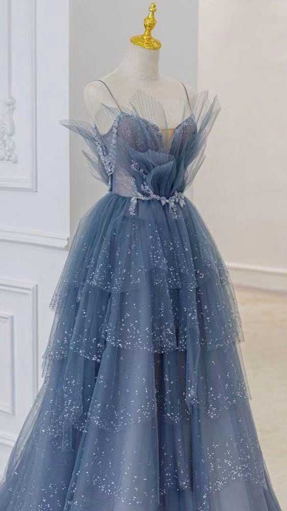 Robe de soirée longue en tulle bleu magnifique et brillante avec appliques élégantes nv55