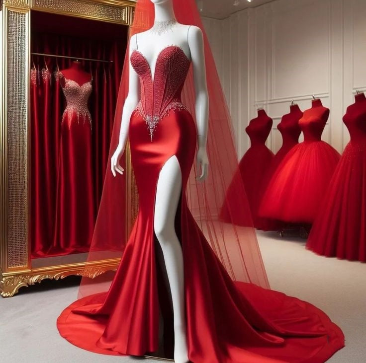 Robe de soirée sexy en satin rouge magnifique et brillante avec décolleté en forme de cœur et longue traîne fendue, robe de mariée nv3256