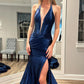 Navy Blue Simple Low Cut V-Neck Backless Slit Long Mermaid Slim Fit Ball Gown Evening Gown Party Dress nv2593