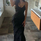 Black spaghetti strap ruffled mermaid long party dress wedding guest dress prom dress evening dress nv1952