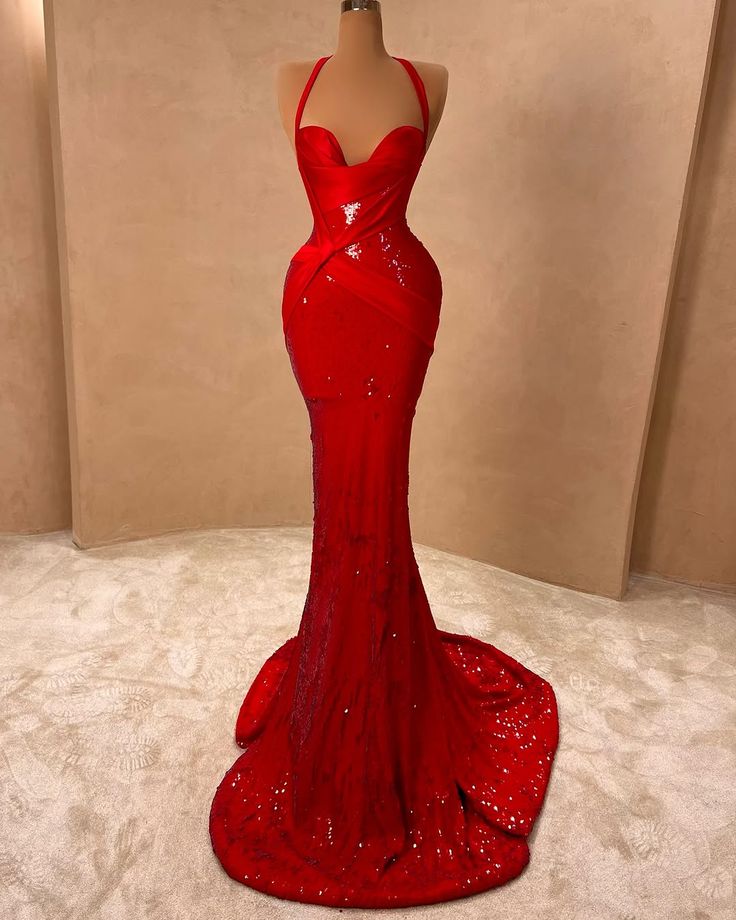 Robe de soirée longue élégante à paillettes rouge brillante et chaude nv3304