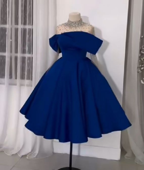 Robe de soirée courte en satin bleu clair/bleu, robe de bal, robe de soirée, nv2945