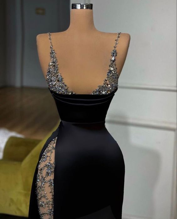 Black simple elegant V-neck rhinestone gorgeous long sexy ball gown evening dress nv2772