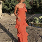 Elegant coral orange one shoulder ruffled long ball gown evening dress wedding guest dress with ruffled hem nv2648