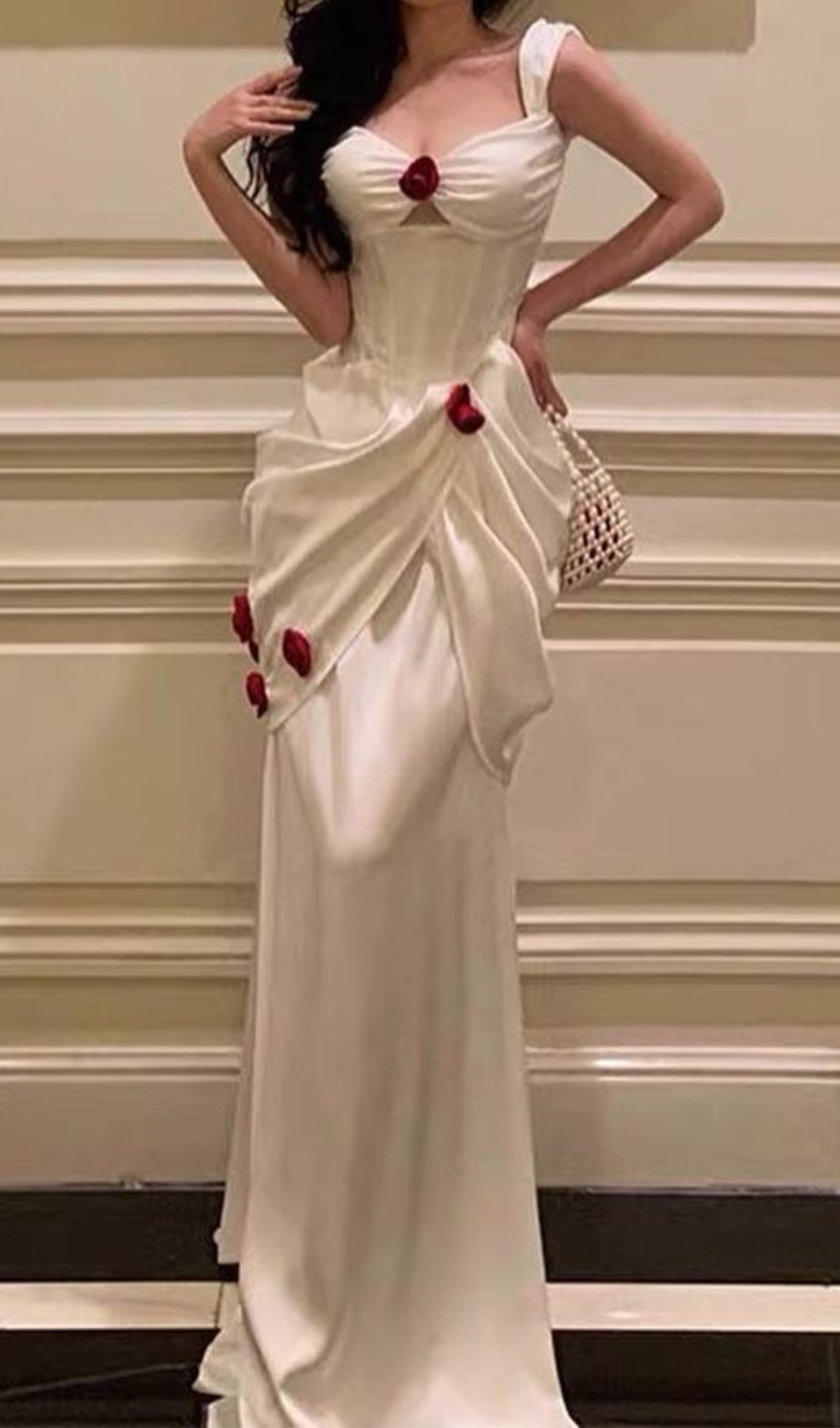 White Red Roses Decorated Satin Long Ball Gown Party Dress Evening Dress nv2319