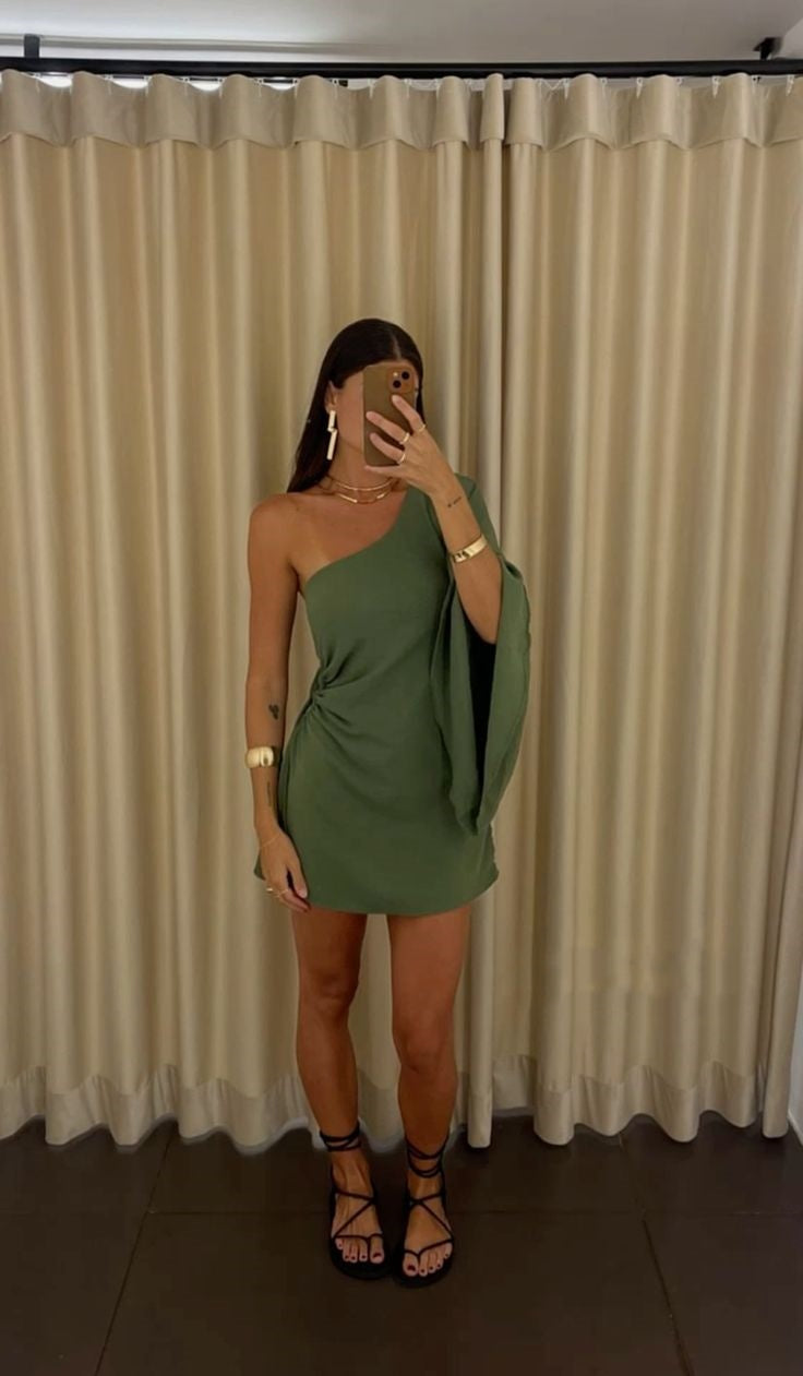 Grass green stylish chic one shoulder off shoulder short homecoming dress party dress birthday dress nv2127