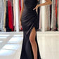 Stunning Satin Long Prom Dress Side Slit Evening Dress Blacknv1613