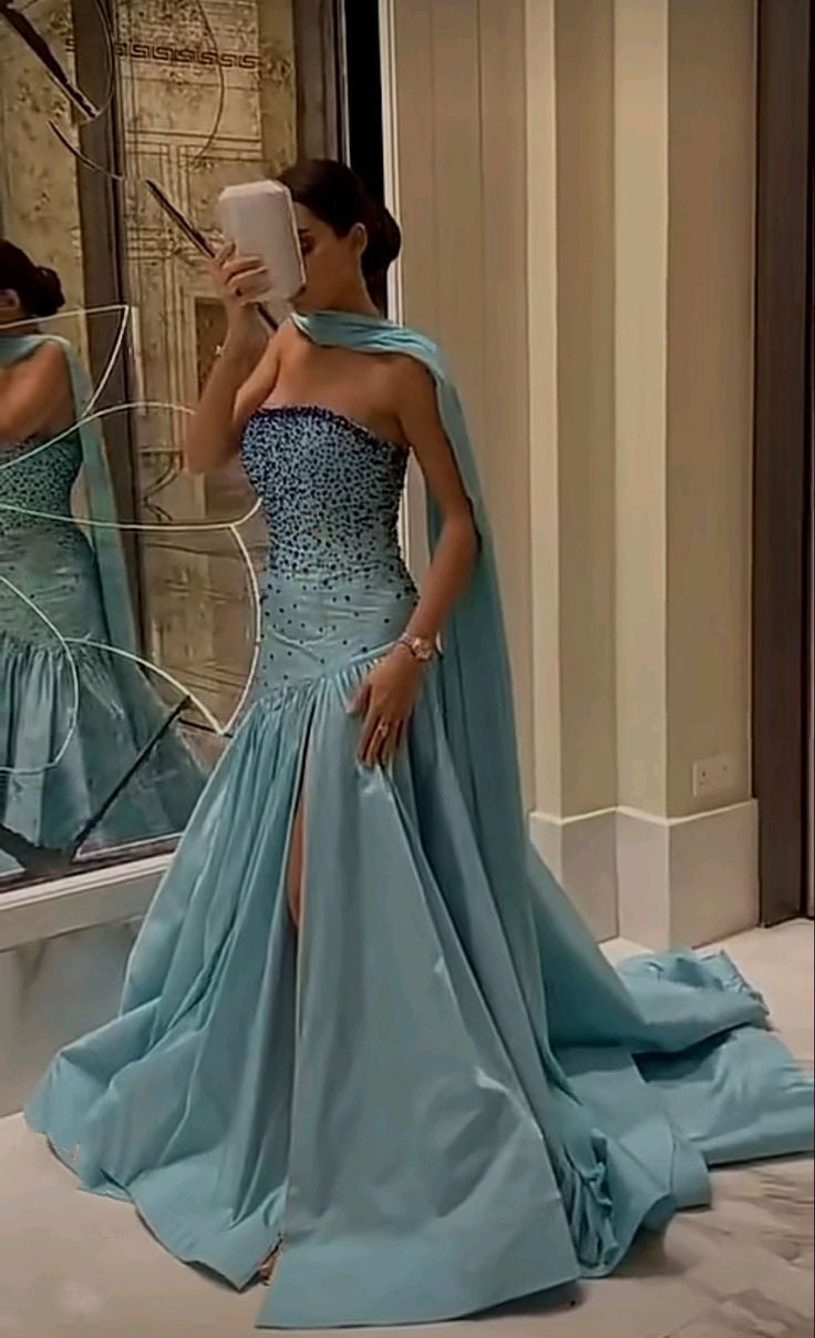 Robe de soirée longue fendue en strass, magnifique robe tube élégante et sexy, bleu, nv2405