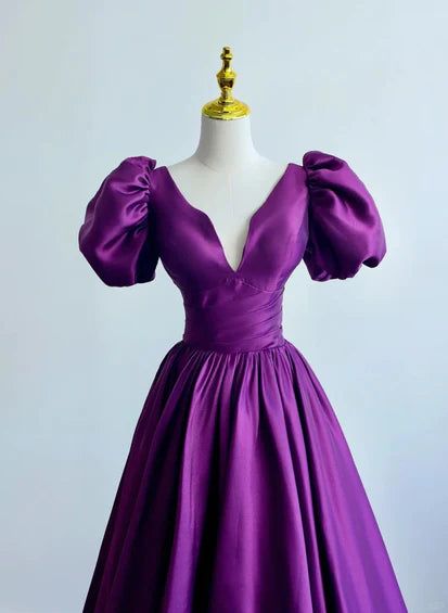 Purple Satin A-line Short Sleeve Long Evening Gown Ball Gown nv2940