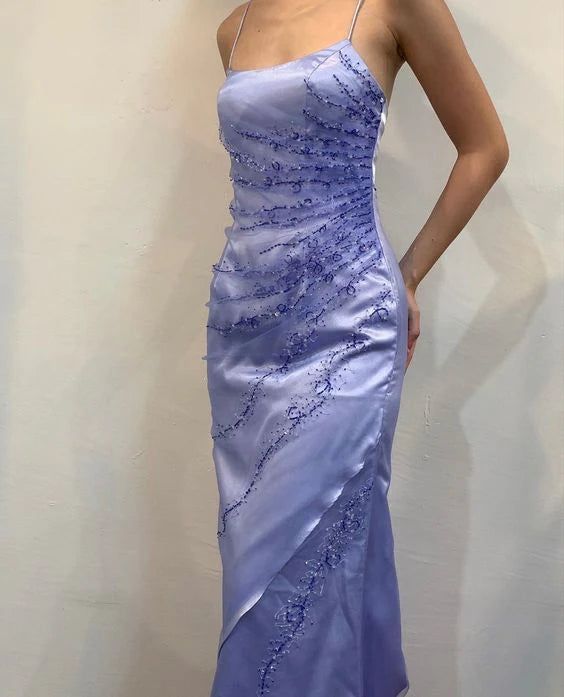 Purple Slit A-Line Spaghetti Strap Long Ball Gown Evening Dress nv2802