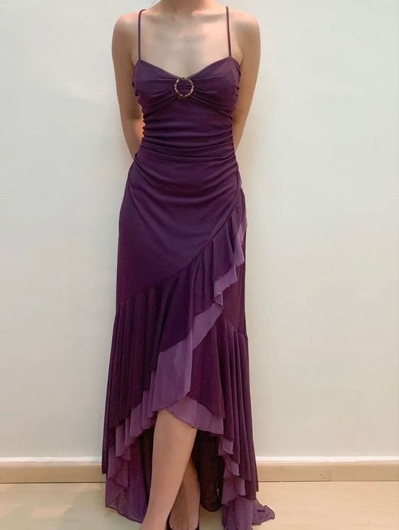 Purple Simple Spaghetti Strap Ruffle Hem Ball Gown Evening Dress nv1921