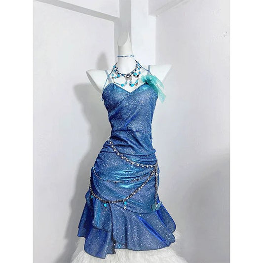 Blue Sparkling Sequin Spaghetti Strap Short Homecoming Dress Party Gown nv3023