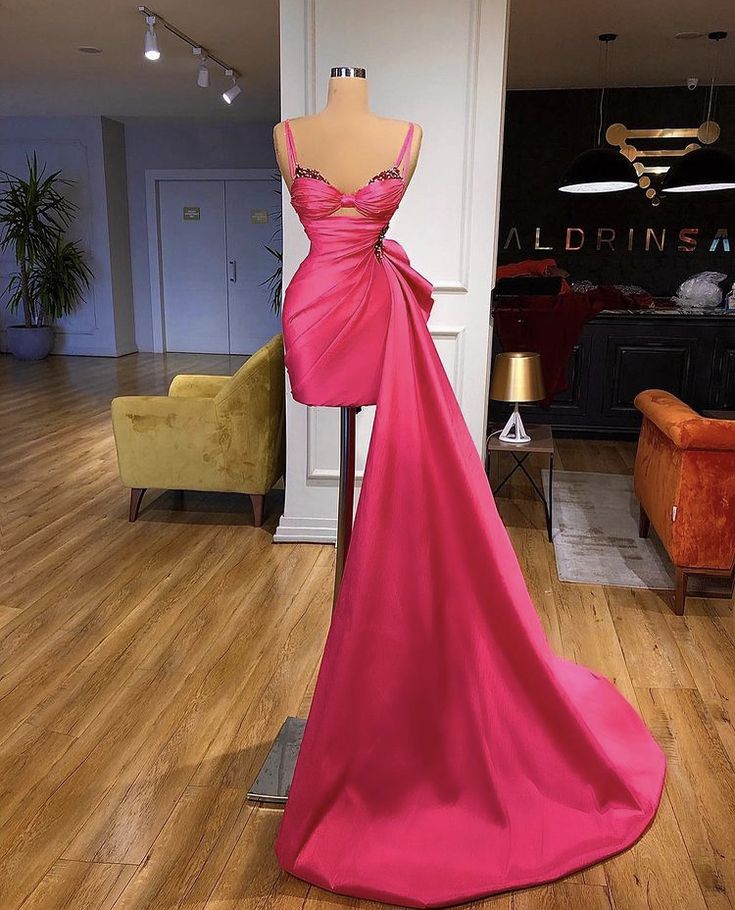 Robe de soirée longue et courte à bretelles spaghetti et strass, col en forme de cœur, sexy et élégante, rose, nv3278