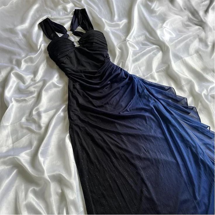 Robe de soirée longue en tulle à bretelles, élégante et exquise, dégradé brillant noir/bleu/violet nv3314