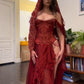 Burgundy mysterious gorgeous exquisite lace beading long high slit sexy tulle ball gown evening dress party dress with exquisite same style veil nv3456