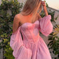 Robe de soirée courte en tulle à manches longues et col en cœur rose nv2798