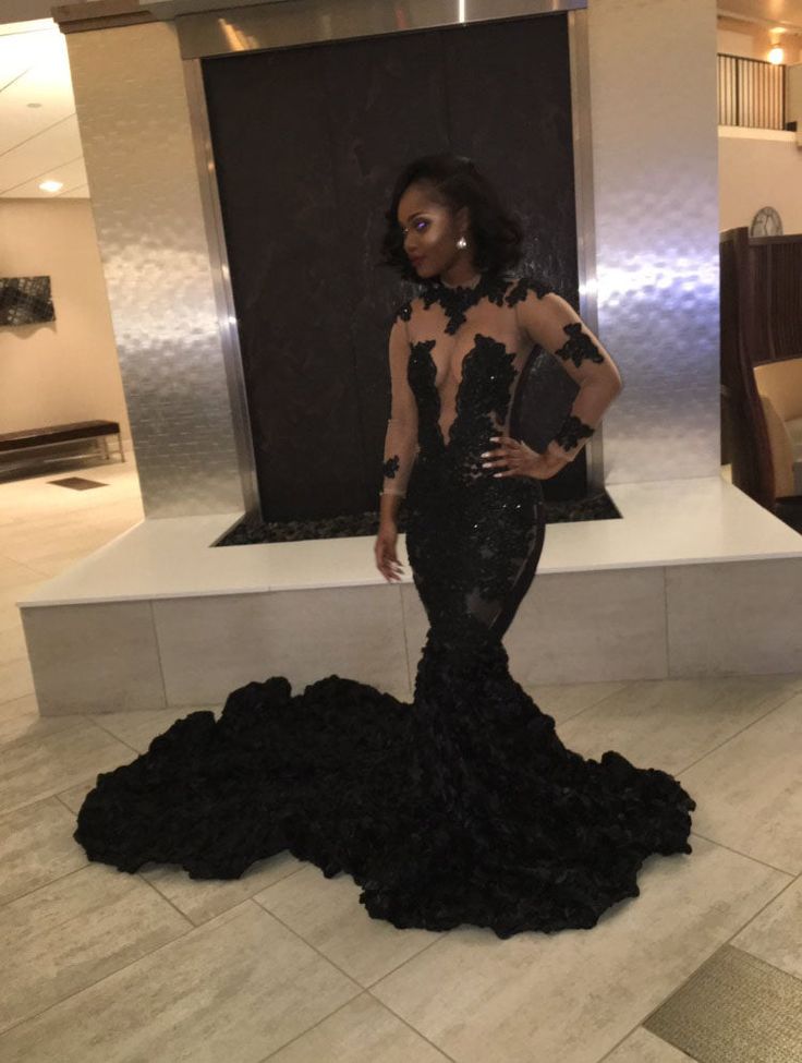 Black sexy elegant mermaid see-through long tail long sleeve ruffled ball gown evening dress nv3227